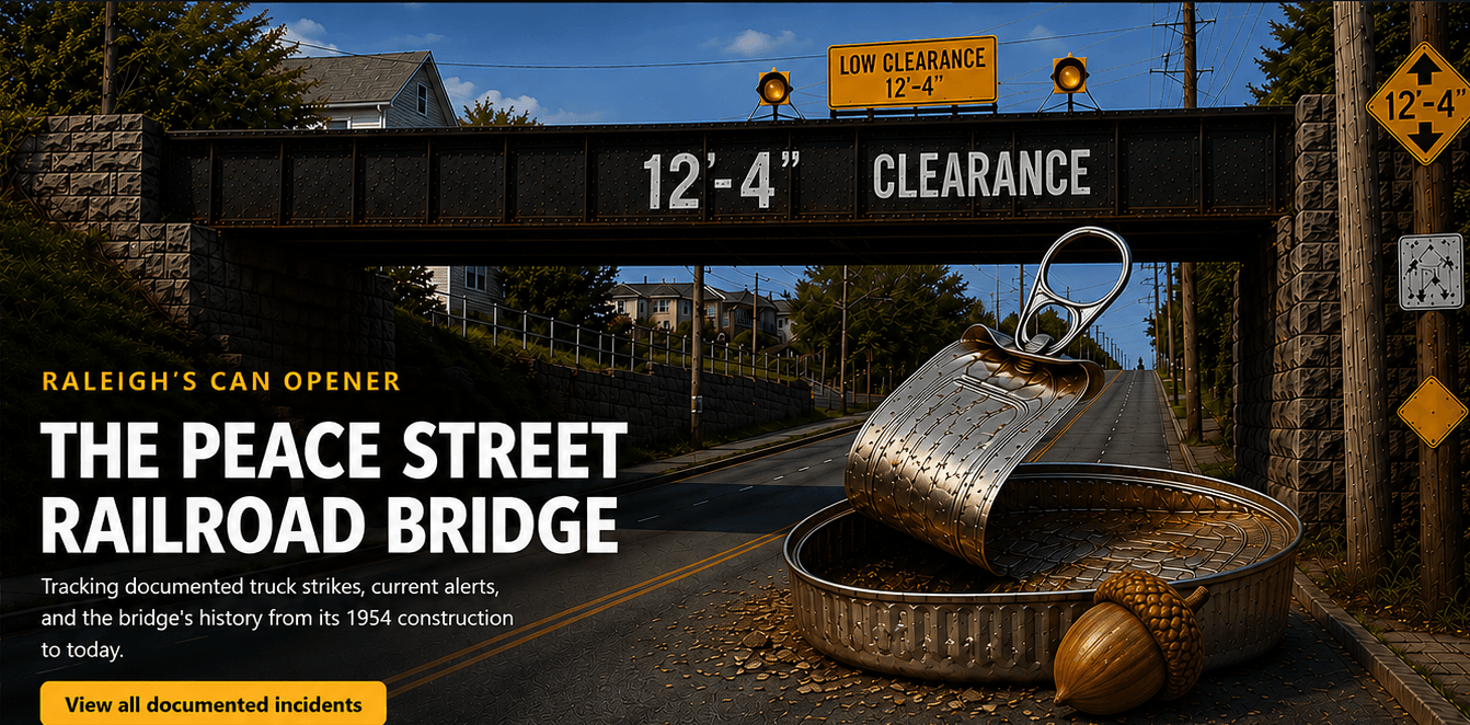 Raleigh's Peace Street railroad bridge with 12 foot 4 inch clearance, an opened sardine can, and an acorn beneath the bridge