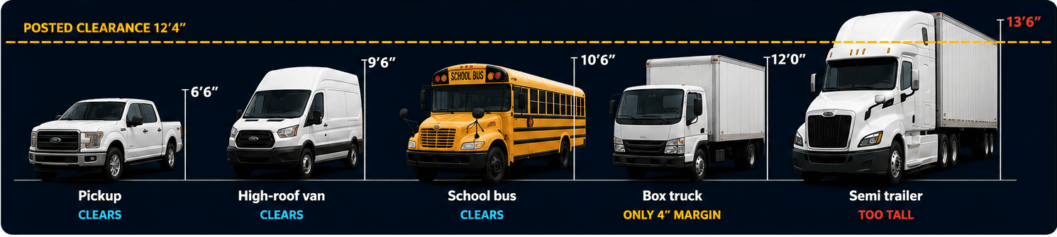 To-scale vehicle height comparison showing a pickup, high-roof van, school bus, box truck, and semi trailer against the Peace Street bridge's 12 foot 4 inch clearance. The 13 foot 6 inch semi rises above the dashed clearance line.
