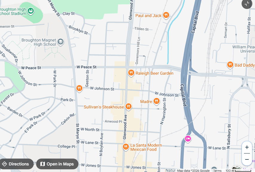 Map of Raleigh showing West Peace Street, North West Street, Capital Boulevard, and the railroad corridor around the Peace Street bridge.